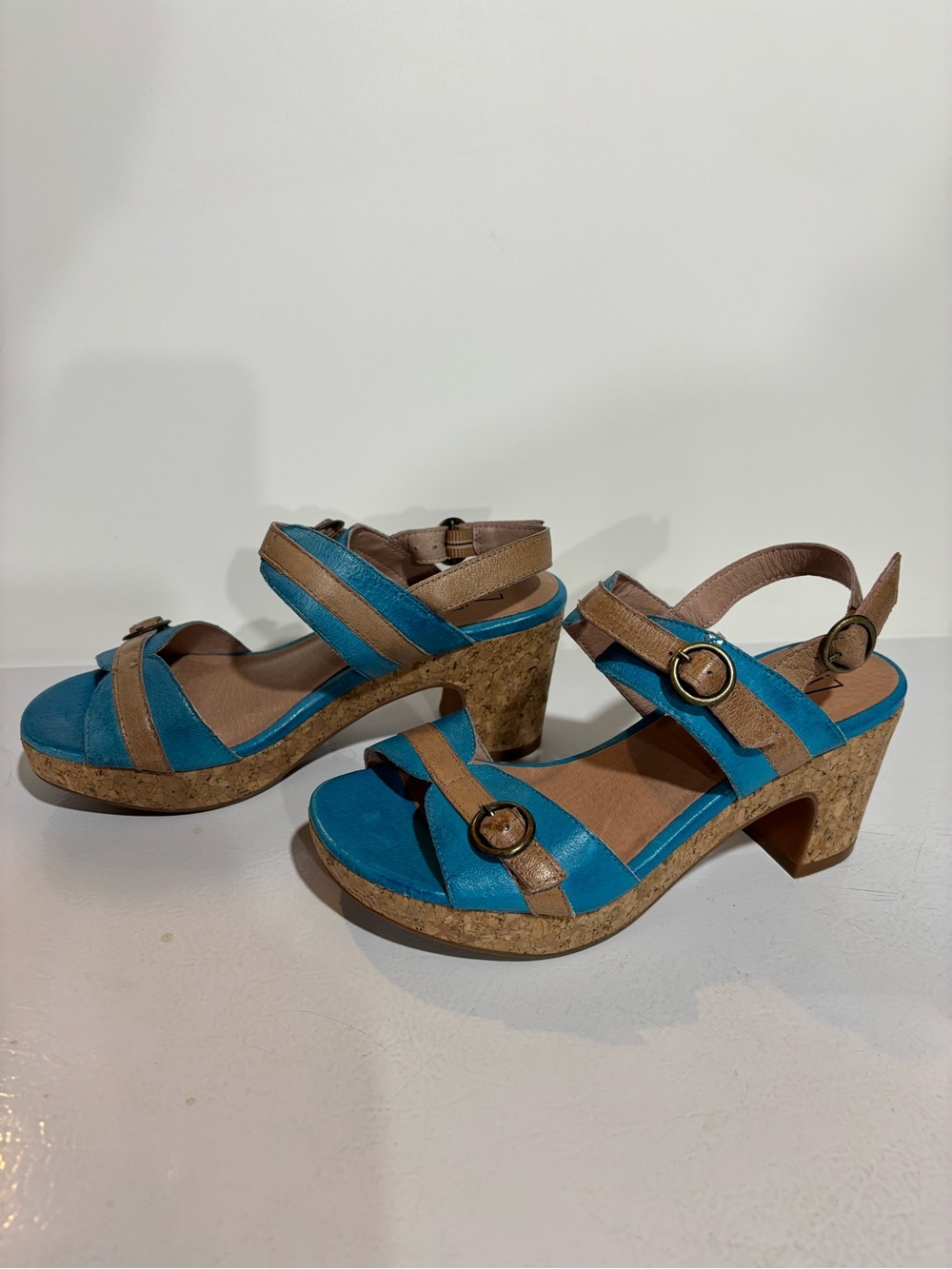 Turquoise & Tan Miz Mooz Cork Wedge Sandals with Adjustable Buckles